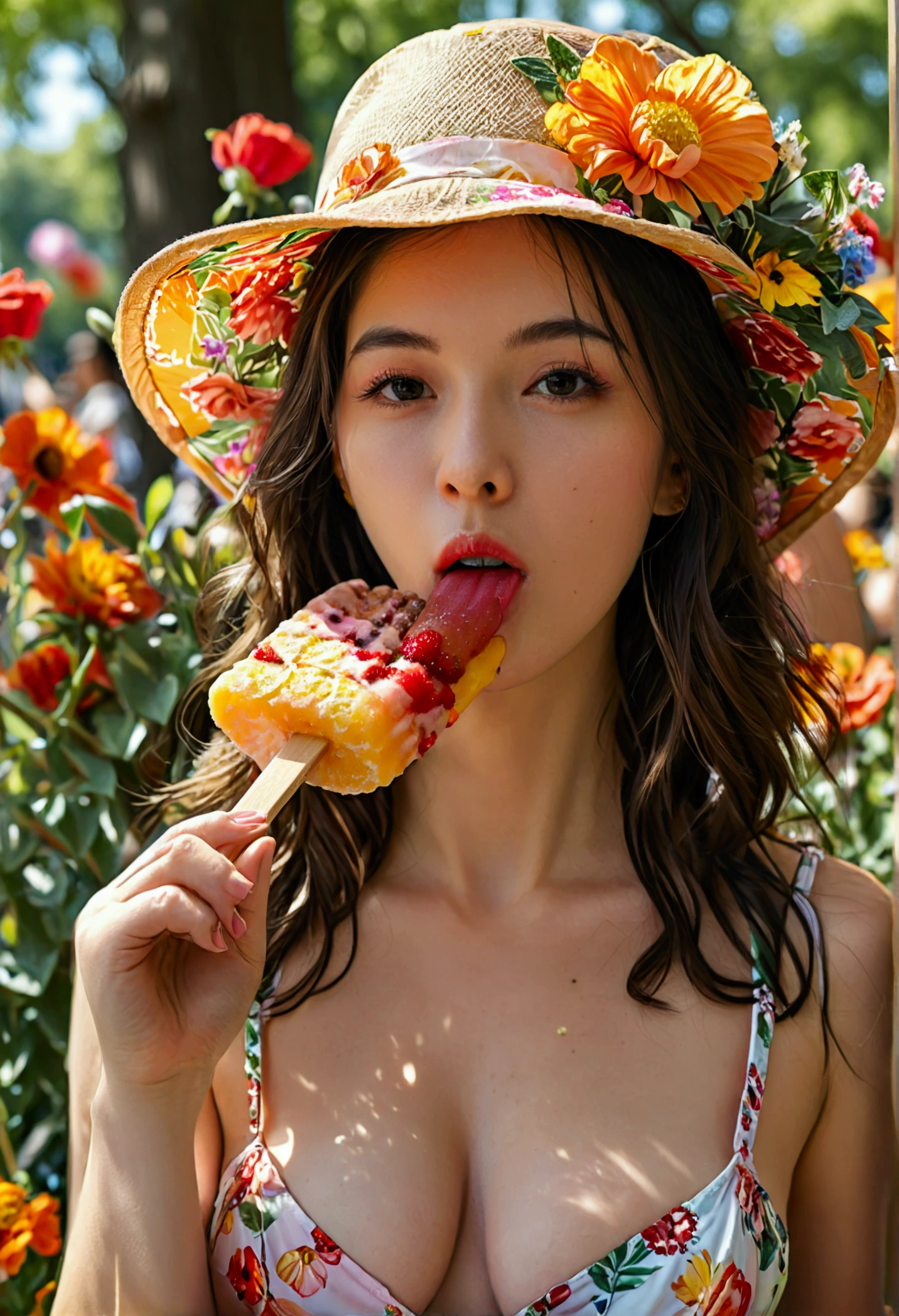 foodtease, beautiful young woman sucking on a popsicle, sexually suggestive, looking at viewer, undressing, public indecency, floral sundress, medium breasts, sunny day in a crowded public park, pov, UHD 8k focus stacking  