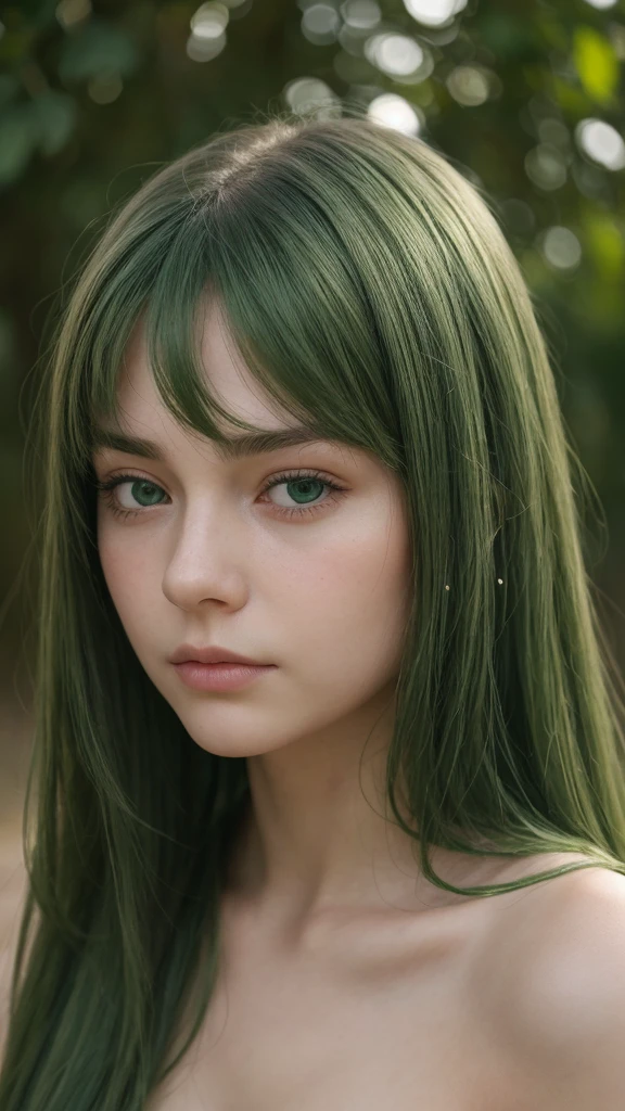 face portrait. a girl. european. extremely detailed face. oval face. delicate features. deep sadness. half-closed eyes. green eyes. long, straight, very thick hair. green hair. disappointed expression. frontal. outdoors