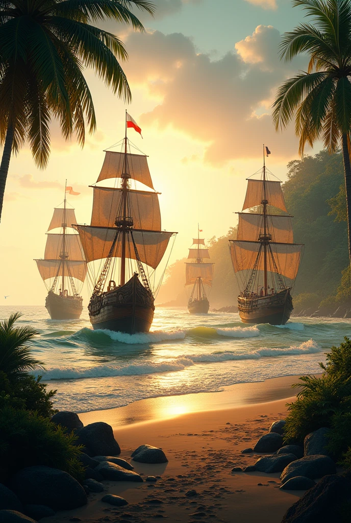 Arrival of the Caravels
Image: A Tranquil Beach, with dense vegetation in the background. over the horizon, several caravels approach the coast.
texto: "It was the dawn of a new day when the great ships appeared on the horizon, forever changing the course of history."