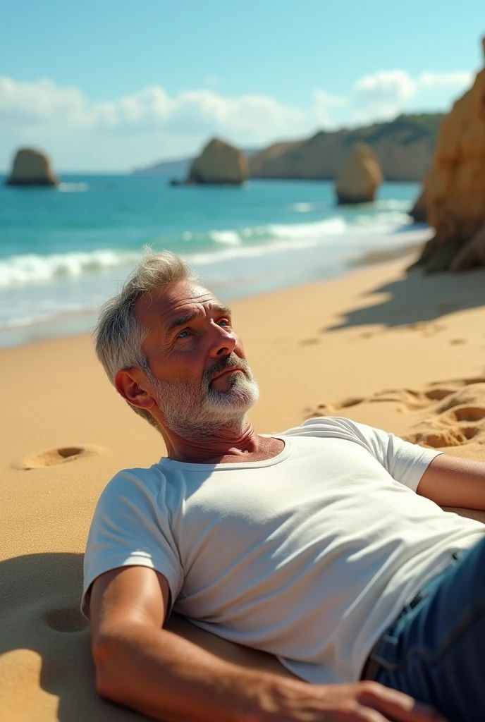 a 39-year-old white man, Scrawny, blue colored eyes, wearing young clothes, lying on a beach in the Algarve 