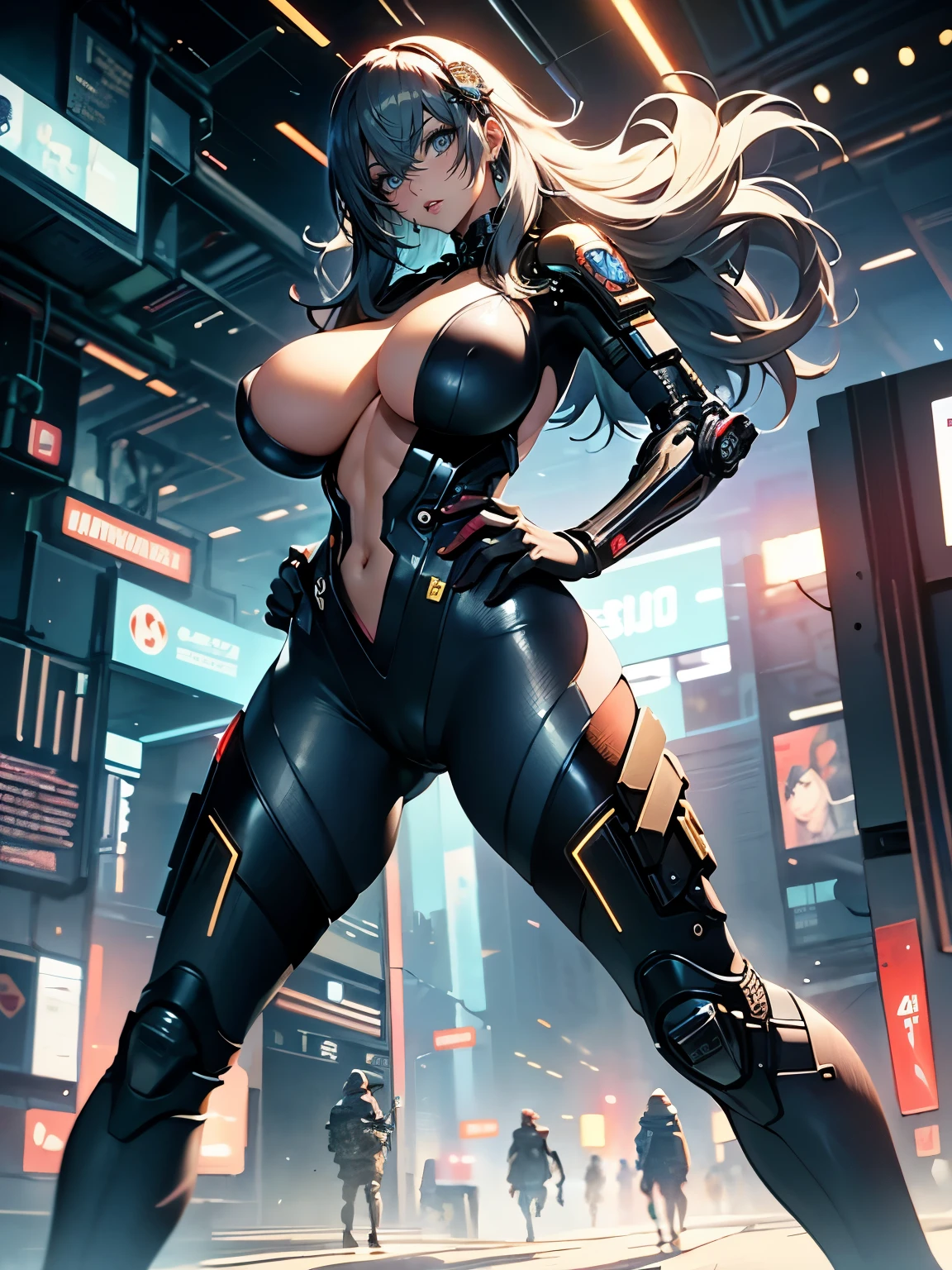 ((seductive girl:1.2))、((cyberpunk))、((Futuristic))、((huge breasts))、((huge hip))、Female sexy,  Combative posing, Depiction of dense hair, Detailed eye depiction, Sexy body lines, Center, Costumes with less fabric area, and draw the full body, Precise human body structure、((Glossy realistic skin texture))、((shiny skin))、((Meticulously drawn hands))、perfect anatomy、masterpiece, ultra-detailliert, 8k, hiquality, Top image quality, Smooth texture、watercolor