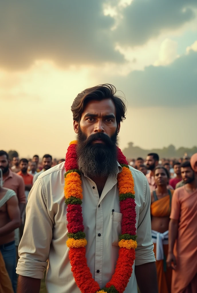 A Indian man with a beard giving free ambulance to people's wearing a white shirt and wearing a garland of red and yellow flowers standing in a field of people, with a dramatic sky in the background