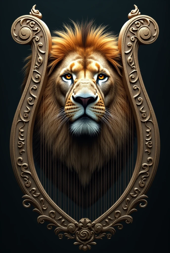 Image of a lion's face along with two very large harps, but without any background behind