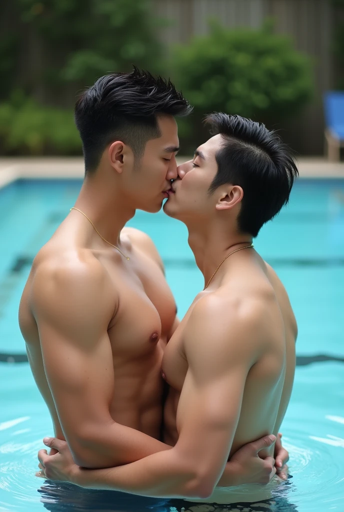 Two naked Asian men, Korean idols , kiss and hug each other , well built bodies, at the swimming pool, big bulges