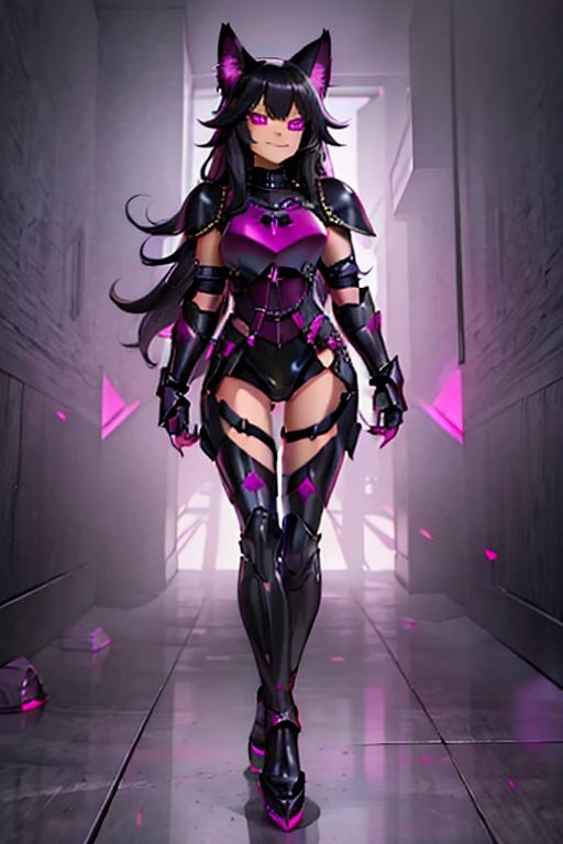 female, black long hair with magenta trim, silver eyes, wolf ears, wolf tail, (((1girl))), (((black and magenta full body metal armor))), (black clawed gauntlets), (black clawed boots), cute and sexy, full body, large breasts, long legs, smiling