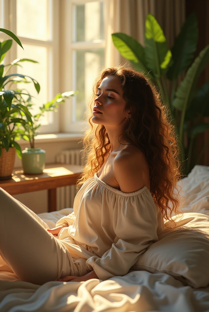 (photorealism:1.2), beautiful woman, sitting on bed, wearing loose off-shoulder top, pajama pants, long curly hair, indoors, soft lighting, plants in background, window with sunlight, cozy room, relaxed pose, realistic, intricate details, warm colors, by Greg Rutkowski, by Alphonse Mucha