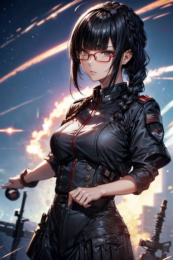 Movie Poster,Anime Reference 86 ,Science Fiction,Sci-Fi,Movies,War Action Movies,Multiple Characters,Women,Adults,Black Hair,(Pia bangs hairstyles : 1.8 ),wearing red glasses,general's uniform,white commander uniform,realistic face details,realism,3d face,((braided hairstyle)),((braided hairstyle)),