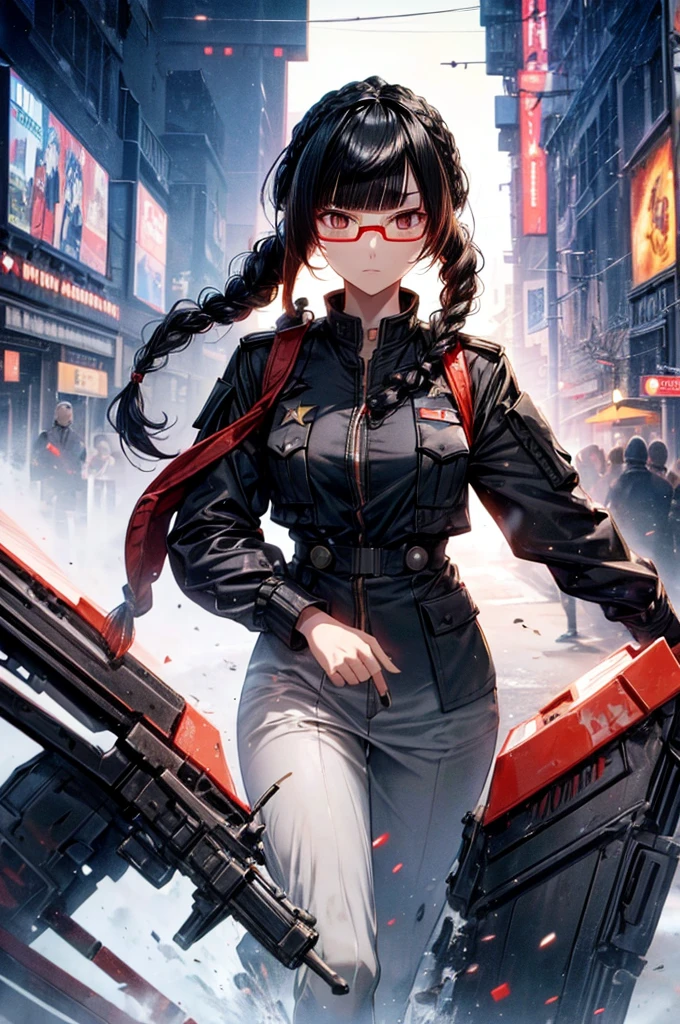 Movie Poster,Anime Reference 86 ,Science Fiction,Sci-Fi,Movies,War Action Movies,Multiple Characters,Women,Adults,Black Hair,(Pia bangs hairstyles : 1.8 ),wearing red glasses,general's uniform,white commander uniform,realistic face details,realism,3d face,((braided hairstyle)),((braided hairstyle)),
