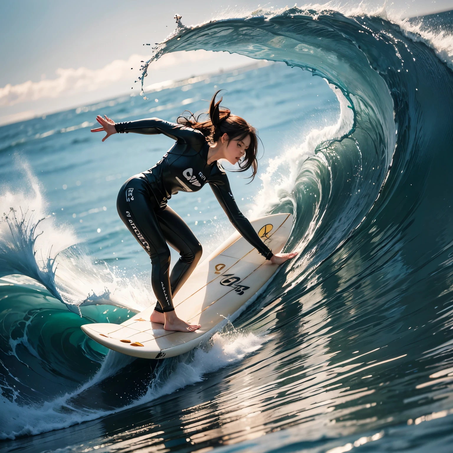 (Luminism:1.28), Back view、(TopQuality 8K Masterpiece:1.2) (ProfessionalPHOTO:1.37) Extremely Detailed (A girl standing on a surfboard riding a wave:1.5) morning glory、(He is crouching and balancing on a large surfboard.:1.3)、Surfing on waves、(There is Only one surfboard under your feet:1.3) Splashing water、Powerful waves、Sea splash、Wet Hair、(Super hourglass body type)、Beautiful and well-proportioned face、(Reflective Eyes)、Dynamic movement blur、Correct fingers、(Surfing Photos:1.4)、Extreme Sports Photography、Acrobatic action pose