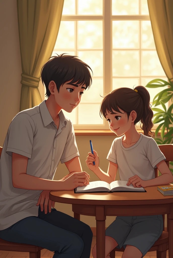 Reconciliation scene:Father and daughter sitting together,Open the notebook in front of you,View travel information together。