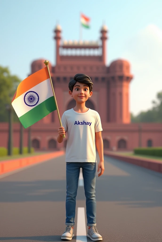 Generate a 3d Realistic boy, Wearing White T shirt blue jeans sneakers and the name "Akshay " is written on his t-shirt and the boy is standing on the road with holding a national flag of India, and behind him is the Red Fort Delhi. And written on sky "Independence Day" Create Realistic Written on sky "Independent Day " Create Realistic image high quality