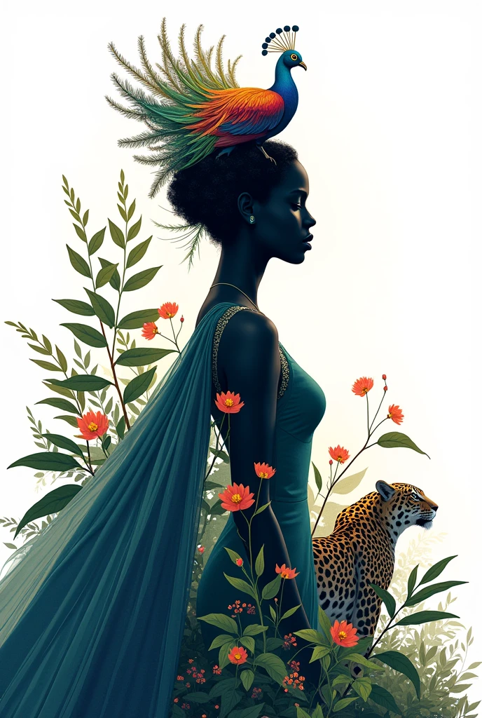 Silhouette of a beauty queen on a white background adorned with the male quetzal bird, The jaguar and spring of Guatemala