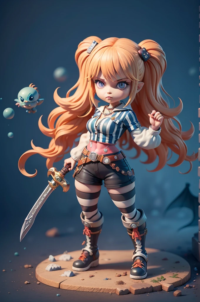 character inspired by mario bros, mic, long-sleeved blouse with black and white stripes, striped shirt, ((blouse with stripes horizontais)), blouse with stripes, different colors, Small shorts or legging pants, small waist, corpo mic, blouse with stripes, CG, striped shirt, striped sock, based on ((kingdom hearts)), (kingdom hearts), without a hat, colourful hair,  takes bowser, ((striped shirt)), subsurface alta, hight subsurface, occlusion environment, big sword in hand, greatsword, carrying sword, segurando greatsword, skin natural, ((large video game decorations)), Sword and shield, ((castlevania)), dark animals in the background, dark dolls in the scene, monsters in the scene, Panning, (very big tits),  dark theme, mask covering the mouth, monsters in the background, character in the center of the scene, diffuse color blue, dark blue color, detailed, sensual ao extremo, full body, creatures in around, ((demons and dragons)),((demons and dragons)),((só de calcinha))