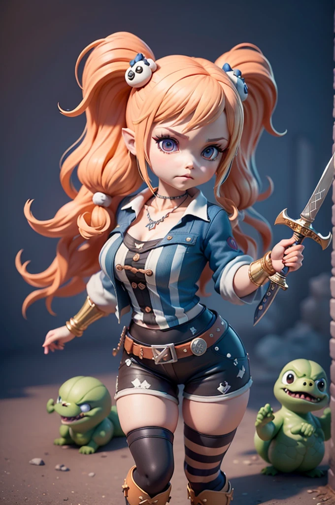 character inspired by mario bros, mic, long-sleeved blouse with black and white stripes, striped shirt, ((blouse with stripes horizontais)), blouse with stripes, different colors, Small shorts or legging pants, small waist, corpo mic, blouse with stripes, CG, striped shirt, striped sock, based on ((kingdom hearts)), (kingdom hearts), without a hat, colourful hair, takes bowser, ((striped shirt)), subsurface alta, hight subsurface, occlusion environment, big sword in hand, greatsword, carrying sword, segurando greatsword, skin natural, ((large video game decorations)), Sword and shield, ((castlevania)), dark animals in the background, dark dolls in the scene, monsters in the scene, Panning, (very big tits), dark theme, mask covering the mouth, monsters in the background, character in the center of the scene, diffuse color blue, dark blue color, detailed, sensual ao extremo, full body, creatures in around, ((demons and dragons)),((demons and dragons)),((só de calcinha))