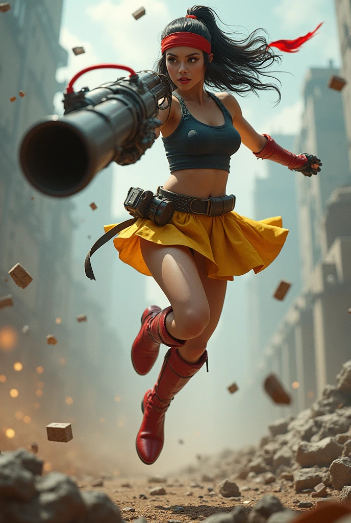 Pop punk style, low-angle shot, close-up, snow white  as warrior wearing a dark blue top and  short yellow skirt, dark hair with red headband and leather red boots flying in the air, action pose, using plasma bazuka cannon, epic body dynamics, a highly detailed masterpiece, gigantism, dramatic cinematic lighting, tons of flying debris around her, epic and dynamic composition, complex details, CarnageStyle, intensity