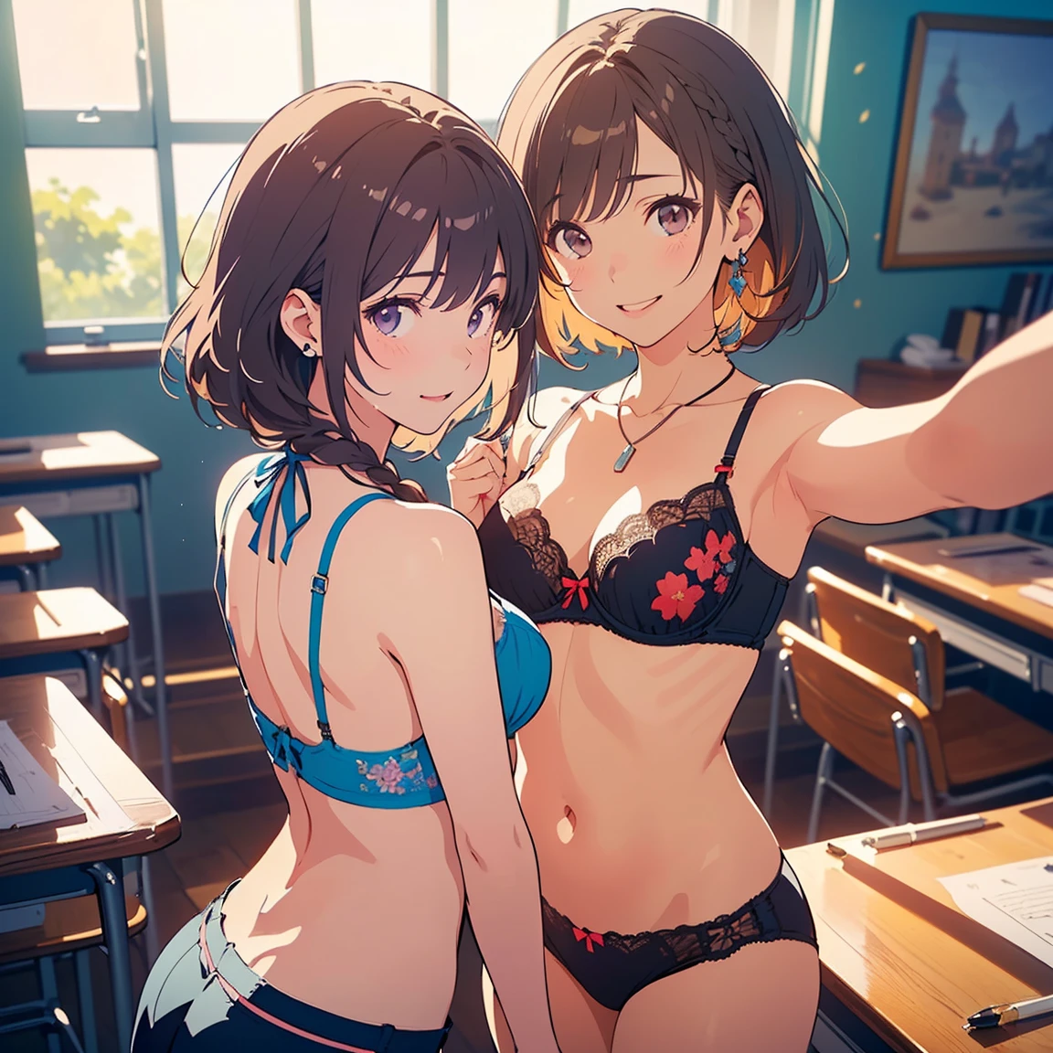 (highest quallity、work of art、high resolution)、(Watercolor Sargent style)、(Anime Art)、Old school building、Old classroom、Escola em um prédio esnecklase de madeira、flowers bloom、((several women、Everyone is standing, from beside))、(Detailed representation of a beautiful face)、a gentle smile、medium short hair、Dark chestnut hair、Braid、soft sunlight、White bra and panty set、Black bra and panty set、Red bra and panty set、Blue bra and panty set、Wearing a purple bra and panty set,Orange bra and panty set、floral bra(1.8)、Floral underwear(1.8)、T-back shorts(1.8)。all-bodyが写る(1.8)transparent bra(1.8)
Information(highest quallity:1.2)、very detailled、high resolution、work of art:1,2、shiny colors、bokeh、professional lighting、Physically based rendering、plain color:0.8、beautiful illustration、realisitic:1.37、Makoto Shinkai style、Name style、Light chestnut hair、Elegant update、short bob、、Laughing together、dynamic poselip、cheek(Dark chestnut hair/)bangss、cheek(Direction)、(最高work of art1.2)繊細なイラストvery detailled、BREAK BLUE SKY、detailed back ground、20-year-old woman、all-bodyが写る、a shy smile、Through gritted teeth、Through gritted teeth、lip、cheek(plain color: 0.8)、(work of art: 1,2)、(work of art: 1,2)、high resolution、超high resolution、highest quallity、high resolution、Ultra-thin illustration、Makoto Shinkai style、Your name is style、short bob、necklase、aretes、dynamic pose、Selfie、all-body、chestnut hair、Braid、long hair(1.8)hypdertailed・HAIR COQUETTE STYLE、necklase、Valletta、cinta、aretesアニキュア,。