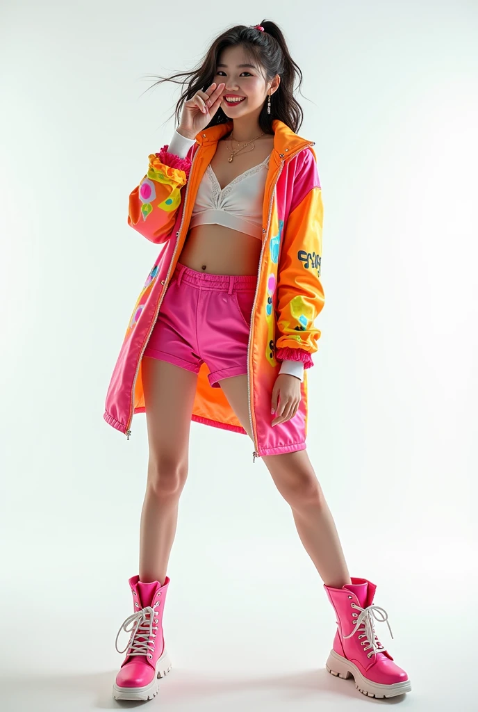A badass female K-pop Idol in a y2k outfit style, white background. She's standing, joyful, and hiding her face with one of her hands. Full view, from her head to her toes.