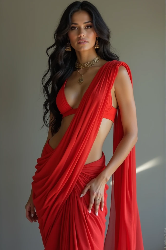 Very Curvy waist women hot abs white fair skin tone wearing red sarre she has 10 pack