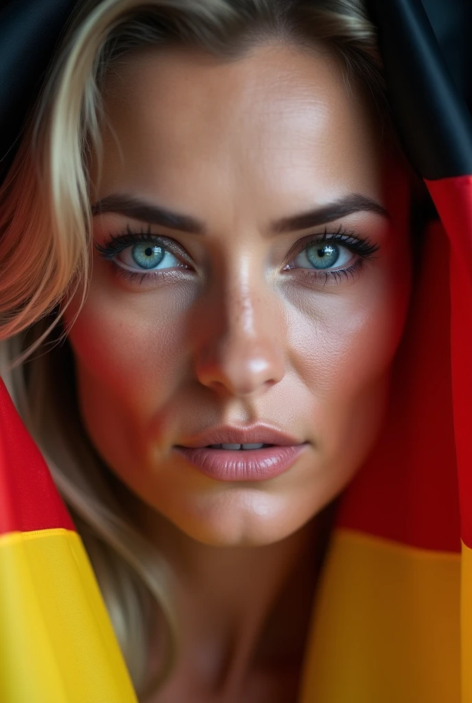 Beautiful mature woman 45 years old, wrinkles on the face, detailed face and texture, From Germany, looks into the frame, sexy, languid face, bright blue eyes, sexual makeup, germany flag on background