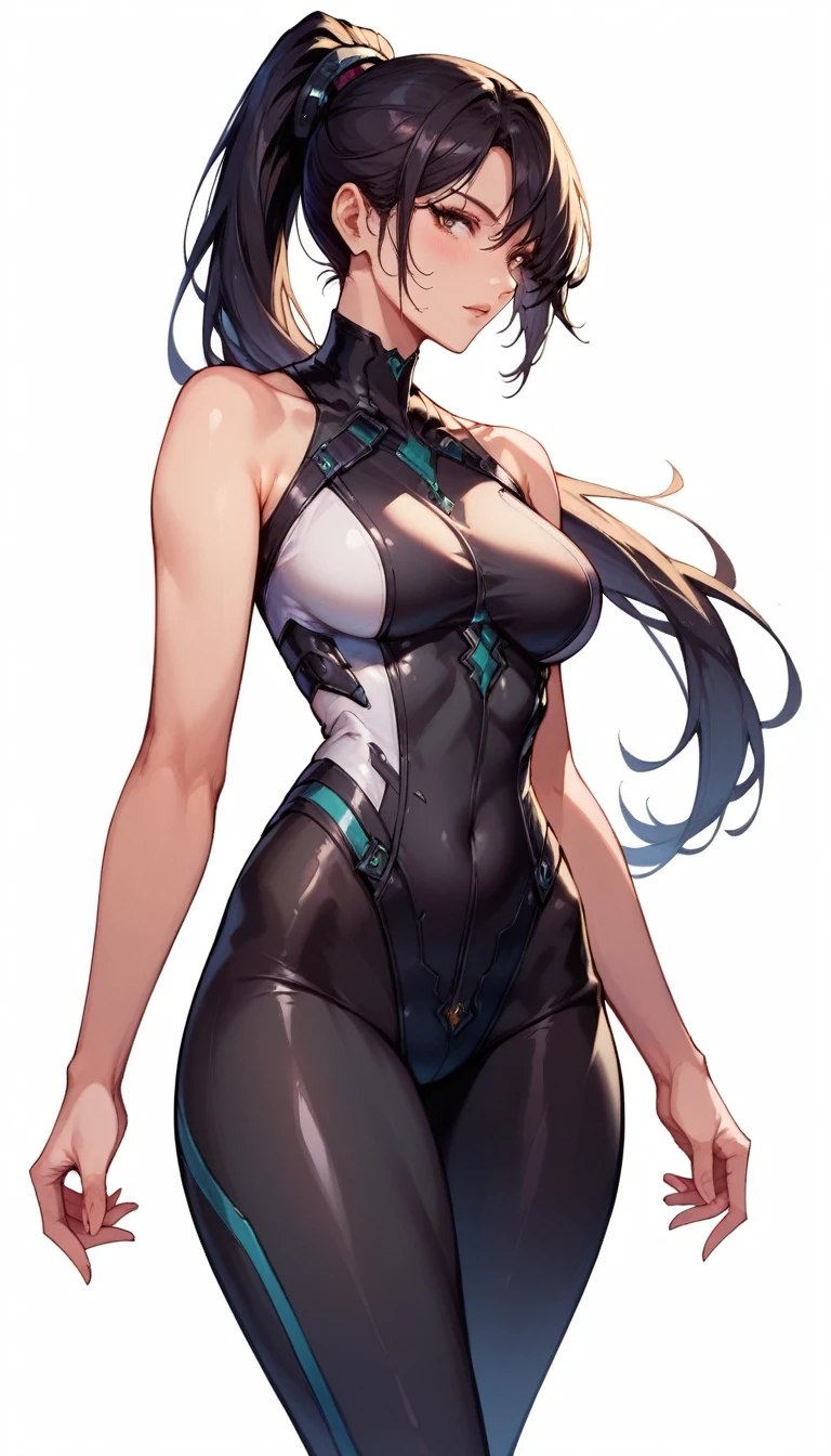 one anime girl, eve, black long ponytail, bodysuit, thick thighs, sexy pose white background