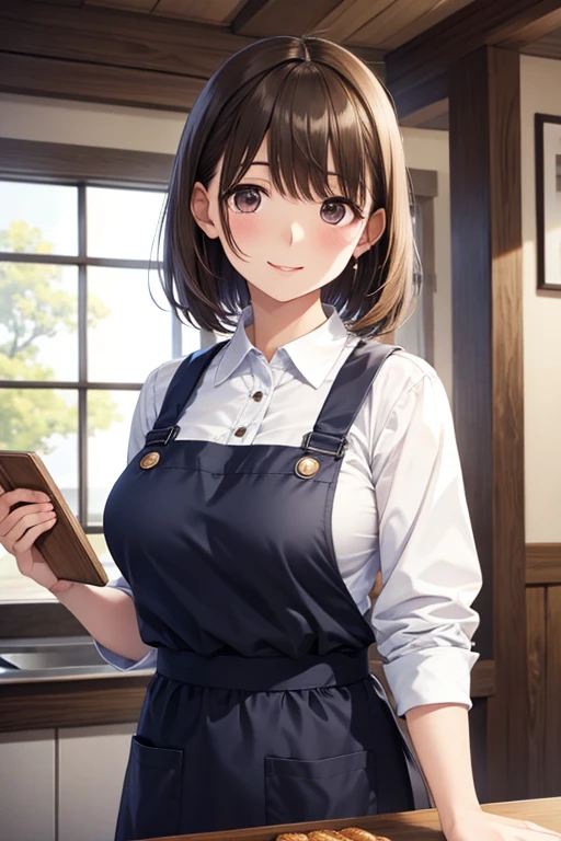 anegasaki nene、Shiny brown hair, short hair, (Beautiful brown eyes、Sparkling eyes, Fine grain)、smile、Ultra-detailed eyes、Highly detailed face, Highly detailed eyes,



Only one female, /(staff uniform/) /(Brown apron/), Holding Tray, /(Brown Hair/) bangs, 赤面する優しいsmile, (Masterpiece Top quality:1.2) Delicate illustrations, super detailed, Busty Blake Bakery