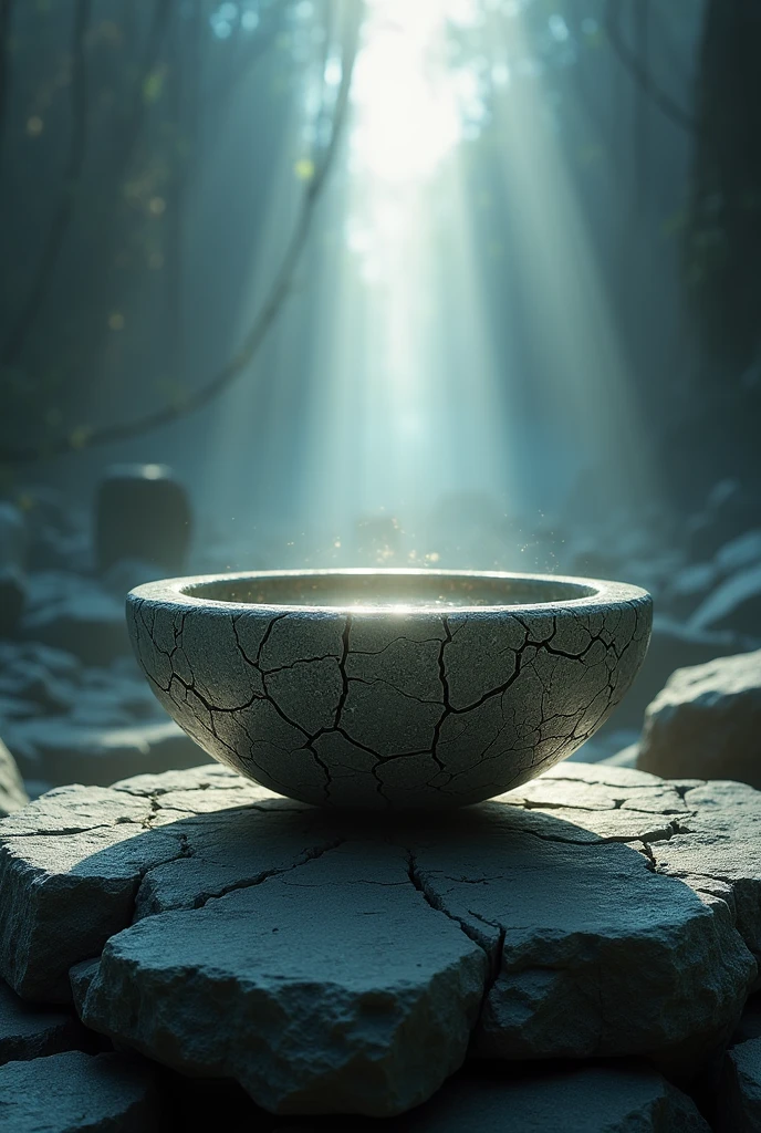 Rotating vessel with cracking marks, on a stone surface. luminous background. spiritual environment. High Definition.