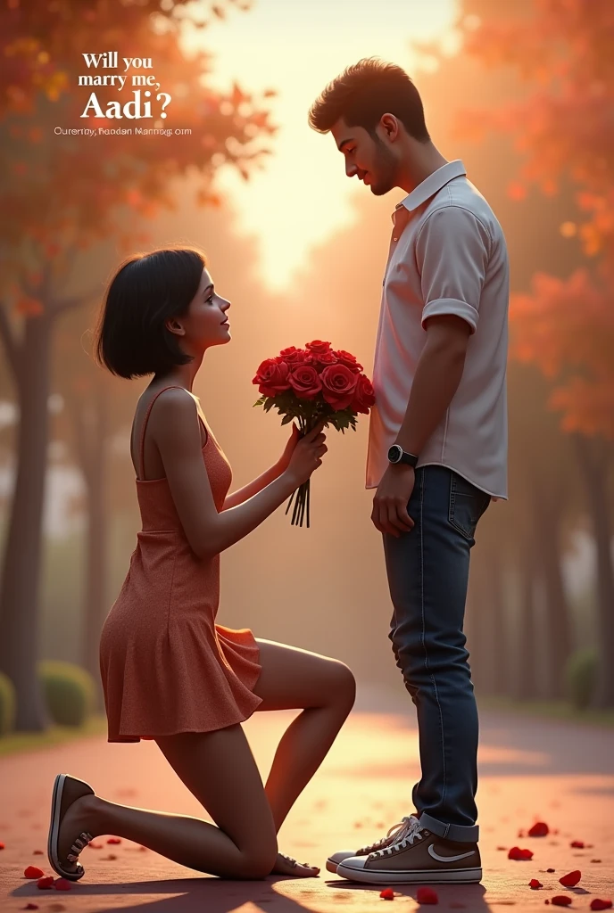 (photorealism:1.2),cute couple,boy age 21 and girl age 18,boy stand up infront of girl,girl sitting on her one knees and proposing him with a ring box and some roses in her hand,girl wearing cute short fancy frock ,and looked at his face,both are looked each other,boy wear half sleeve shirt,and Levis jeans and shoes ,on boy face some smile,girl hair is short shoulder length,boy and girl skin colour is fair,in background written - will you marry me Aadi ,it is a proposal scene, looking so real,girl proposes boy

