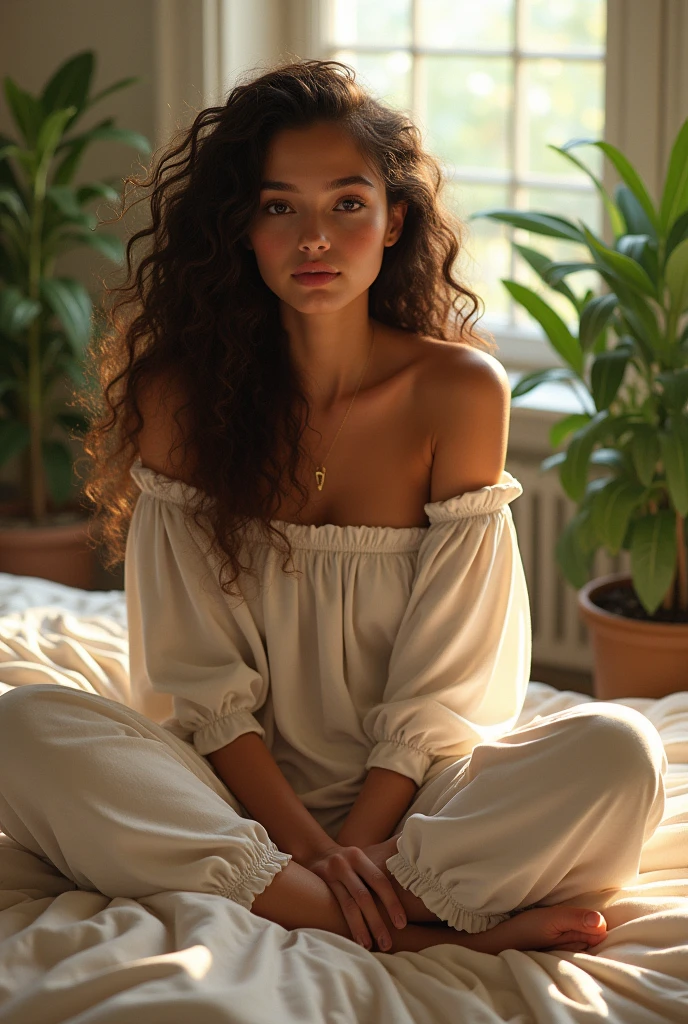 (photorealism:1.2), beautiful woman, sitting on bed, wearing loose off-shoulder top, pajama pants, long curly hair, indoors, soft lighting, plants in background, window with sunlight, cozy room, relaxed pose, realistic, intricate details, warm colors, by Greg Rutkowski, by Alphonse Mucha