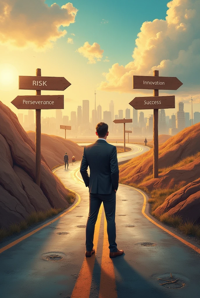 Here are some prompts you can use to create images about entrepreneurship for your TikTok account:
1. **"The road to success is paved with risks and innovation."**
- Visual: A winding road leading to a city skyline, with various road signs labeled "Risk," "Innovation," "Perseverance," and "Success."
2. **"Entrepreneurship: Turning ideas into reality."**
- Visual: A light bulb transforming into a tree with dollar signs as leaves, symbolizing the growth of an idea into a successful business.
3. **"Start small, think big, and scale fast."**
- Visual: A series of growing plants, starting from a small seedling to a towering tree, representing business growth.
4. **"Entrepreneurship is not a job, it's a lifestyle."**
- Visual: A split-screen image showing a typical day in the life of an entrepreneur, from early morning brainstorming to late-night hustle.
5. **"In the world of business, passion fuels success."**
- Visual: A heart-shaped flame igniting a rocket, symbolizing passion driving a business toward success.
6. **"Your network is your net worth."**
- Visual: A web of interconnected dots and lines forming a dollar sign, representing the importance of networking in entrepreneurship.
7. **"Dream big, execute bigger."**
- Visual: A person standing on a mountain peak looking at a larger mountain in the distance, symbolizing the endless possibilities in entrepreneurship.
8. **"Entrepreneurs see opportunities where others see obstacles."**
- Visual: A maze with a person finding a shortcut through it, representing the entrepreneur's ability to find opportunities in challenges.
These prompts should help you create engaging visuals for your TikTok account focused on business ideas.