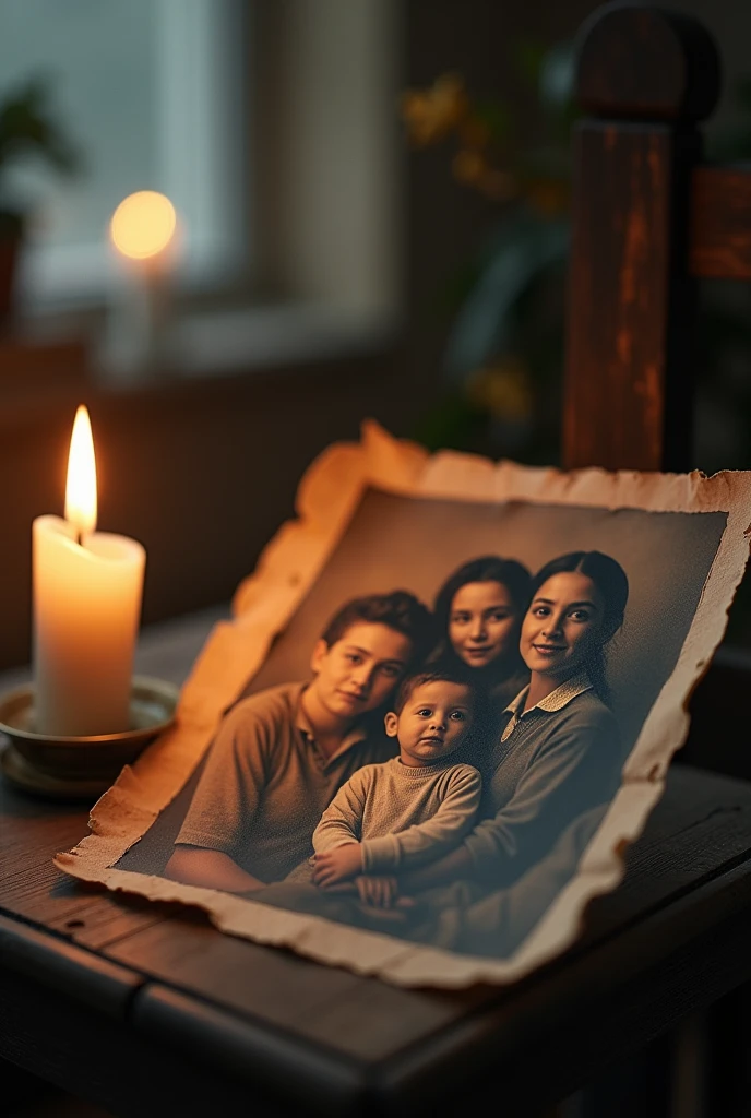 The Tattered Photograph: Focus on the worn, faded photograph of Lila’s family. Place it on a small table beside a flickering candle, symbolizing the fragile and fading memories of her once-happy life.