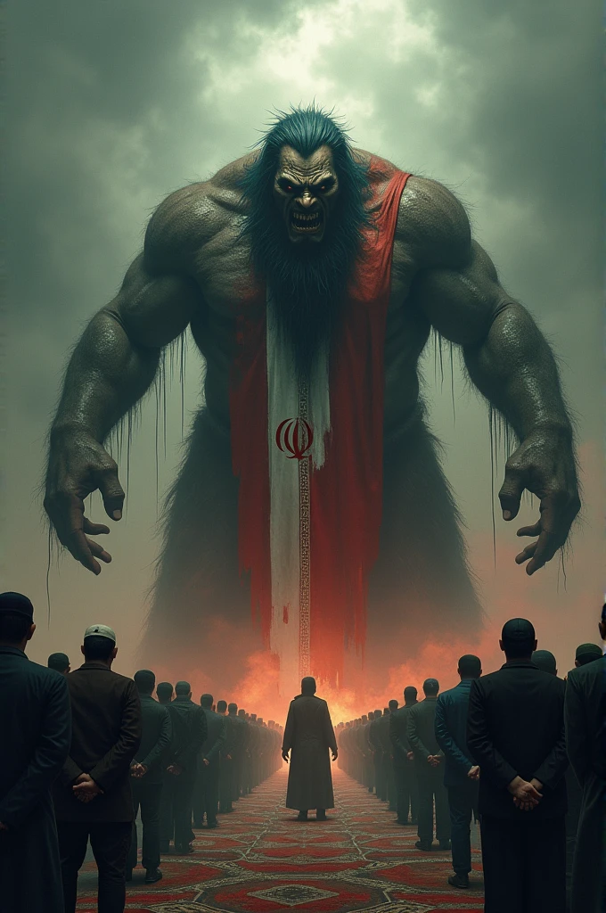 A big angry monster man his wearing Iran flag and his speech Qur'an others people pray namaz 