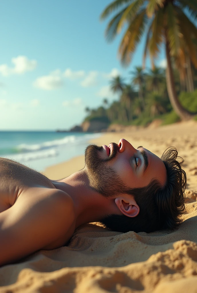 a 33-year-old white man, Scrawny, blue colored eyes, wearing young clothes, lying on a beach in the Algarve 