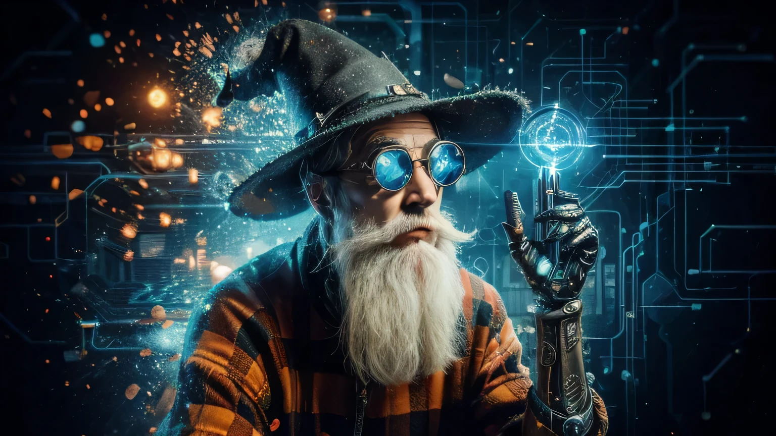 a close-up of a man with a hat and glasses holding a wand, steampunk magician, old cyberpunk, Harry Potter em Cyberpunk, magician pondering his orb, robot magician, portrait of a magician, typical cryptocurrency nerd, magician, portrait of a digital shaman, arte steampunk digital, vaporwave and cyberpunk, beeple e jean giraud, predicting the future