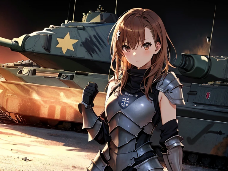 Sailor suit, (Armored Tank:1.5), Misaka Mikoto, The background is a tank, Looking into the distance, highest quality, 1girl, uhd, retina, masterpiece, ccurate, anatomically correct, textured skin, super detail, high details, high quality, best quality, highres, 4K