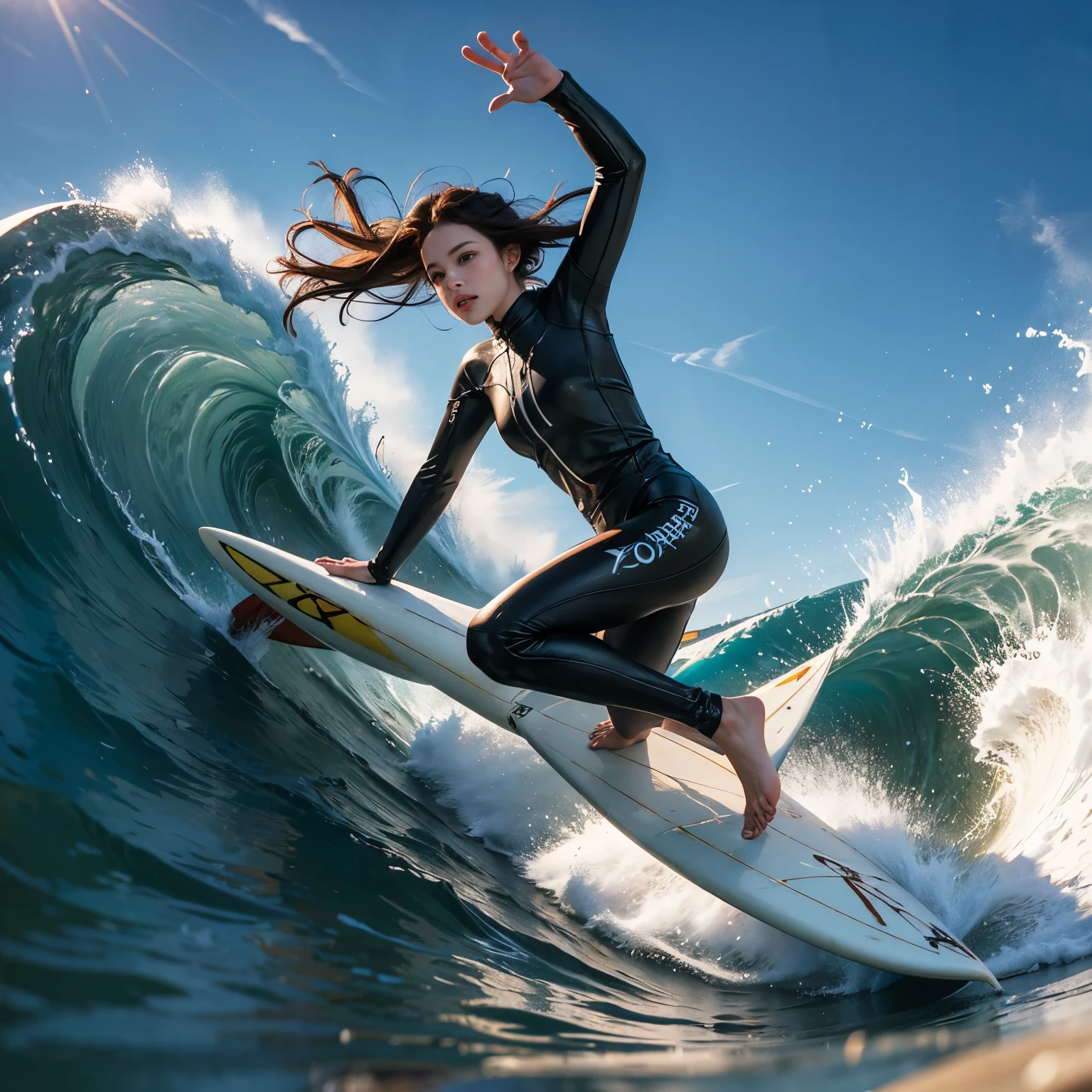 (Luminism:1.28), Back view、(TopQuality 8K Masterpiece:1.2) (ProfessionalPHOTO:1.37) Extremely Detailed (A girl standing on a surfboard riding a wave:1.5) morning glory、(He is crouching and balancing on a large surfboard.:1.3)、Surfing on waves、(There is Only one surfboard under your feet:1.3) Splashing water、Powerful waves、Sea splash、Wet Hair、(Super hourglass body type)、Beautiful and well-proportioned face、(Reflective Eyes)、Dynamic movement blur、Correct fingers、(Surfing Photos:1.4)、Extreme Sports Photography、Acrobatic action pose