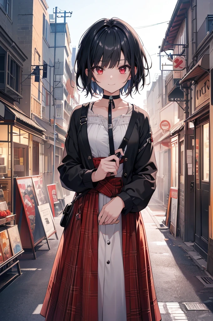 (masterpiece, highest quality, highest quality, (No text), Beautiful and aesthetic:1.2),No text,アニメ、BREAK,One Girl,Black Hair Girl short hair older sister choker Beautiful eyes Red eyes cool smile Black and Red whole body In town