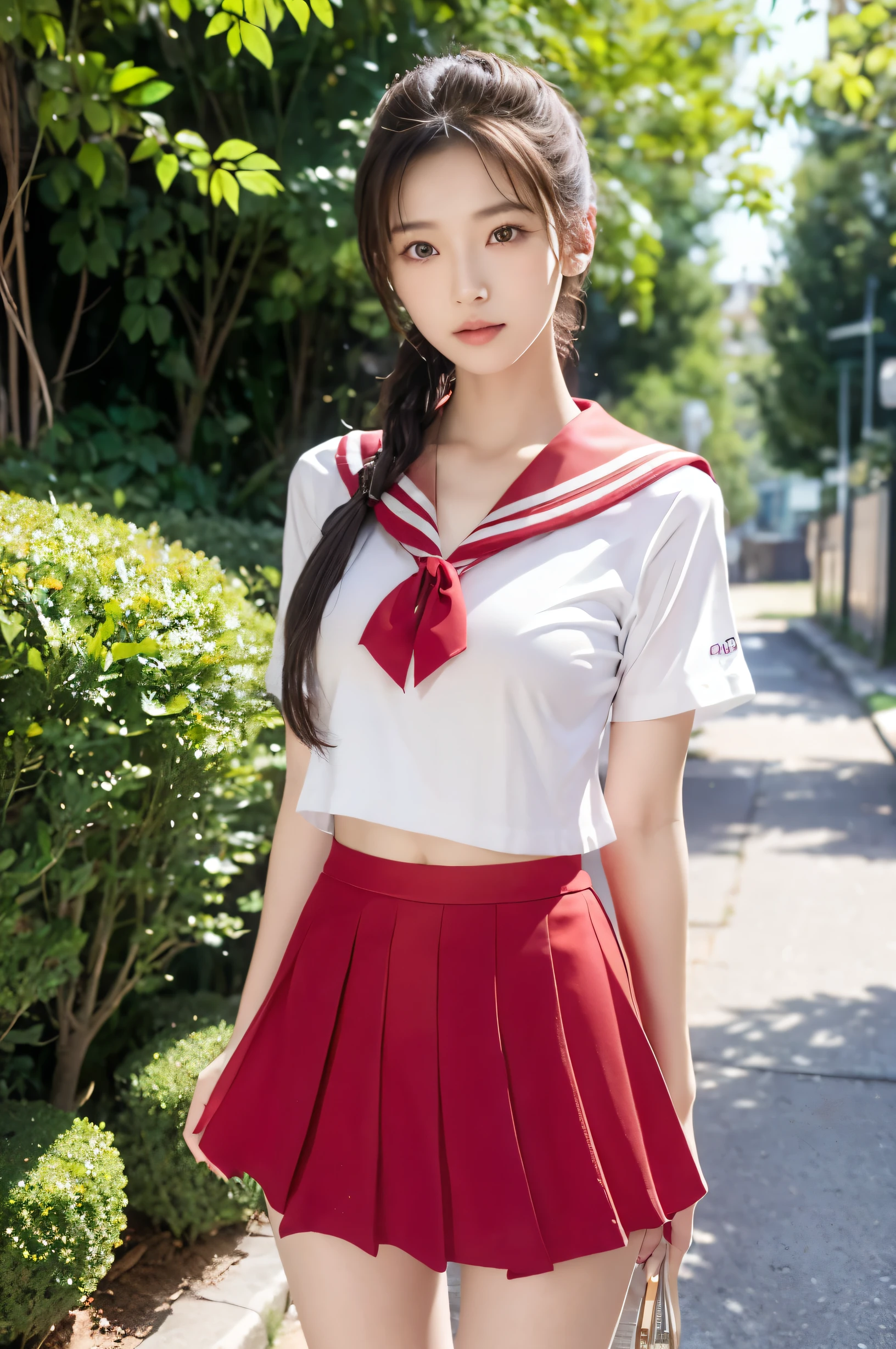 (Ultra HD), (Red sailor suit, Red short skirt), Big Breasts, slender, Narrow waist, (The belly button is visible:0.8), whole body, Standing posture, (Beautiful Skin, Shiny skin, White skin), (Super slim face, Super beautiful face, No makeup), (ponytail, Layered Cut, Fluffy hair), (double eyelid, Slanted Eyes), Small Nose, Thin lips, Thin legs, In front of the school gate