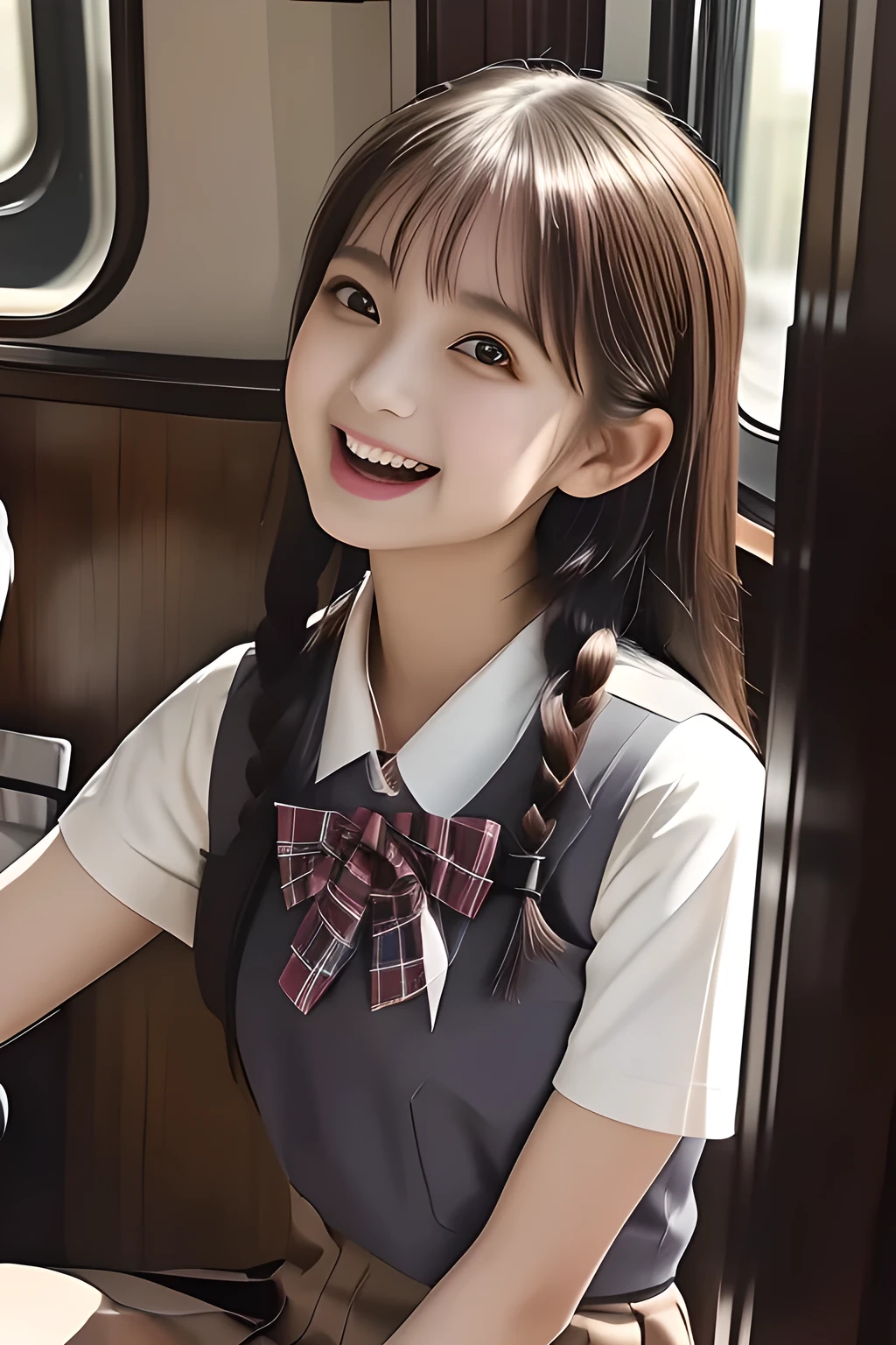 (highest quality, masterpiece, high resolution:1.2), 4K, (Photo quality detailed cute face: 1.4), (Giorgione painting style: 0.8), geometry, ( yo cute girly Japanese girls are seated and looking ME up in a train: 1.4), (The train is full of bodies of succubus with sailor-school-uniform: 1.4), Laughing cutely, (neat girly white short-sleeves school blouse: 1.0), (puffed short sleeves: 1.0), (Dark red glossy school ribbon on the breast: 1.0), (Gray Japanese school girly vest Uniform: 1.2), (Box-pleated gray short school skirt: 1.2), (Extremely laughing cheeks: 1.0), (Beautiful light-amber cute-dolly large clear eyes with detailed cutely: 1.6), (Long bottom eyelashes: 1.2), (Expressing the greatest joy with her whole body: 1.2), (Glossy lips: 1.0), (Super-straight super-long hair: 1.5), (white and clear skin: 1.0), (Promoting Shampoo: 1.2), (Strong yearning: 1.2)