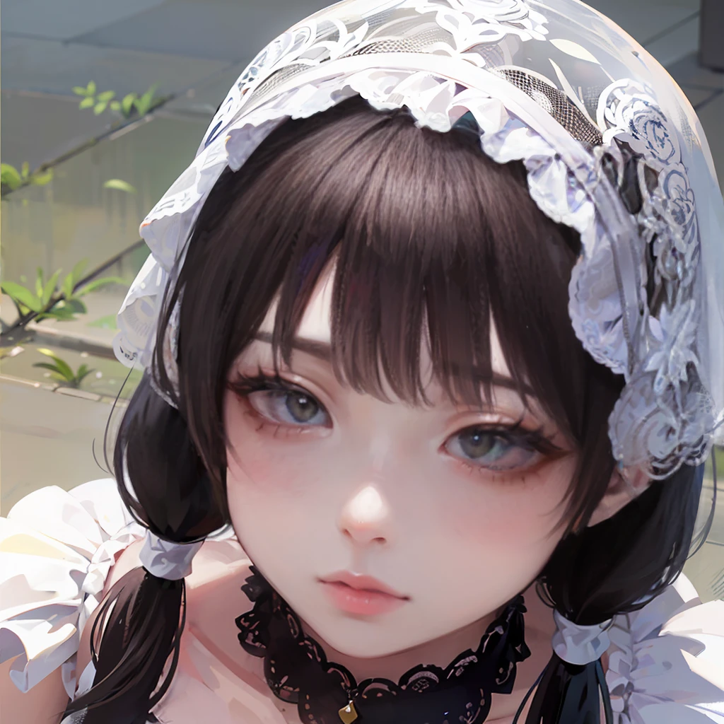 (8k, RAW Photos, Very delicate and beautiful, Ultra-high resolution, Highest quality, masterpiece: 1.2), (Real、Photorealistic: 1.4), (Highly detailed 8K wallpapers, 3d), Cute girl like a doll, highly detailed dress, Gothic, Lolita, Big red ribbon, Twin tails, Blunt bangs, Highly detailed glossy black hair, Transparent white skin, Pink Cheeks, large, round eyes, Tear bags, Long eyelashes, Thin lips, slightly raised corners of the mouth, round face, From above, Looking at the camera, The best light, Perfect composition,