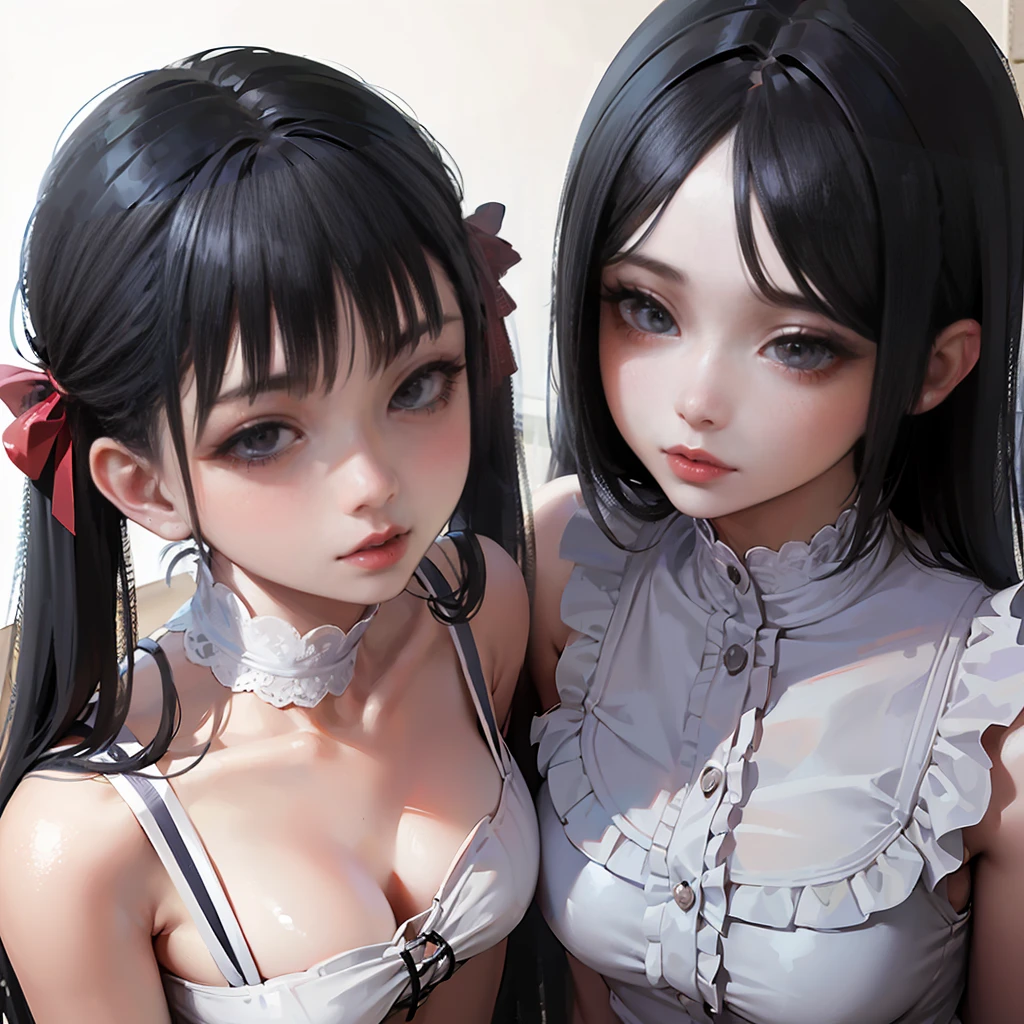 (8k, RAW Photos, Very delicate and beautiful, Ultra-high resolution, Highest quality, masterpiece: 1.2), (Real、Photorealistic: 1.4), (Highly detailed 8K wallpapers, 3d), Cute girl like a doll, highly detailed dress, Gothic, ta, Big red ribbon, Twin tails, Blunt bangs, Highly detailed glossy black hair, Transparent white skin, Pink Cheeks, large, round eyes, Tear bags, Long eyelashes, Thin lips, slightly raised corners of the mouth, round face, From above, Looking at the camera, The best light, Perfect composition,