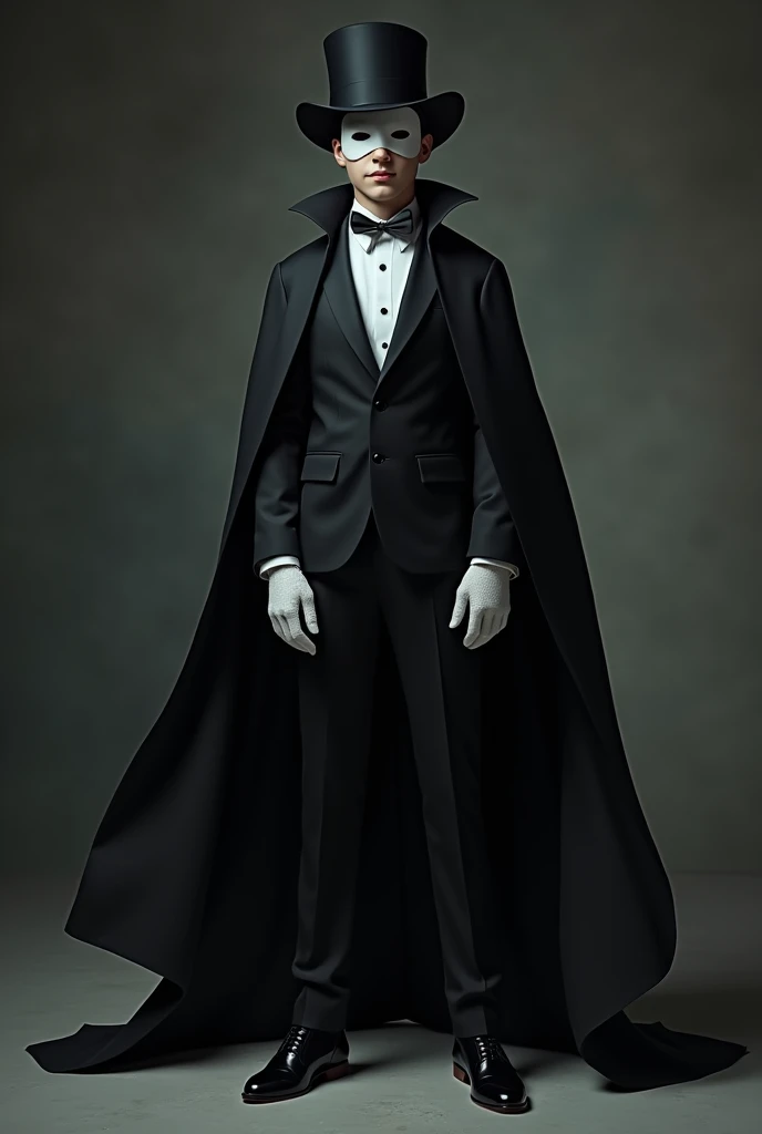 Young Thief, Wearing a white eye mask, Wear a suit jacket and black pants., Put on a magician&#39;s hat, Wear a black cloak, Wear white gloves and black shoes., Make a sly smile.