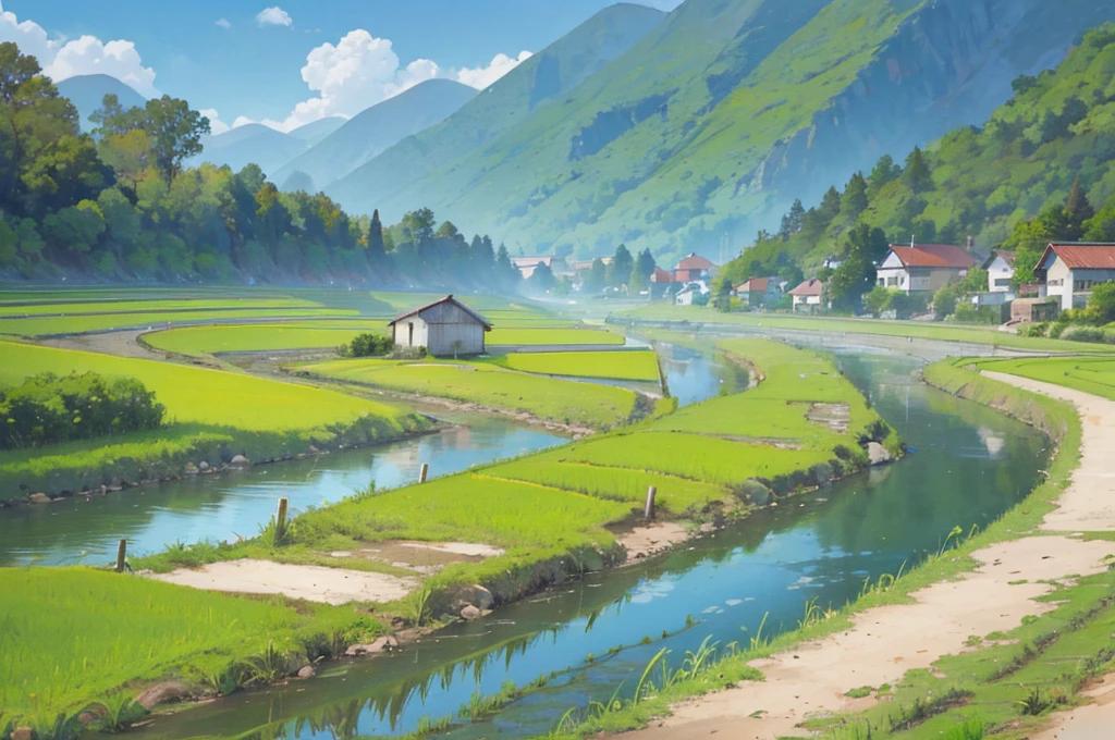 view of the village from the roadside, there are houses, rice fields and fences bordering the road and a small river