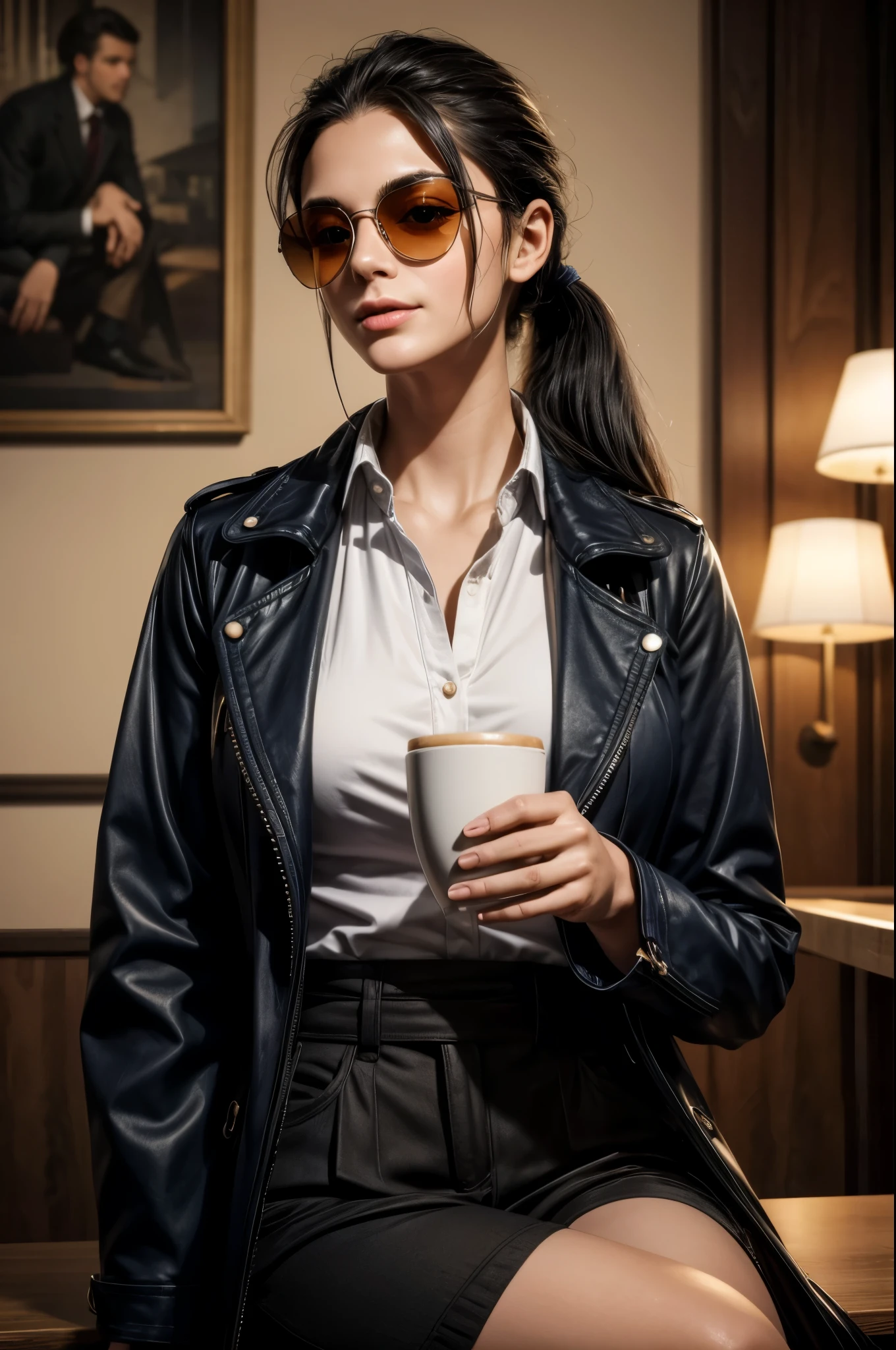 masterpiece, best quality, extremely detailed, hyperrealistic:1.1, photorealistic, a beautiful 20s russian model, ultra detailed face:1.1, sunglasses on head:1.1, navy trench coat, shorts, high pony tail, black hair, in luxurious cafe, in the midnight:1.1, sitting at table with a coffee cup:1.2, perfect hands, perfect fingers, warm smile:1.1, shrugging her shoulders