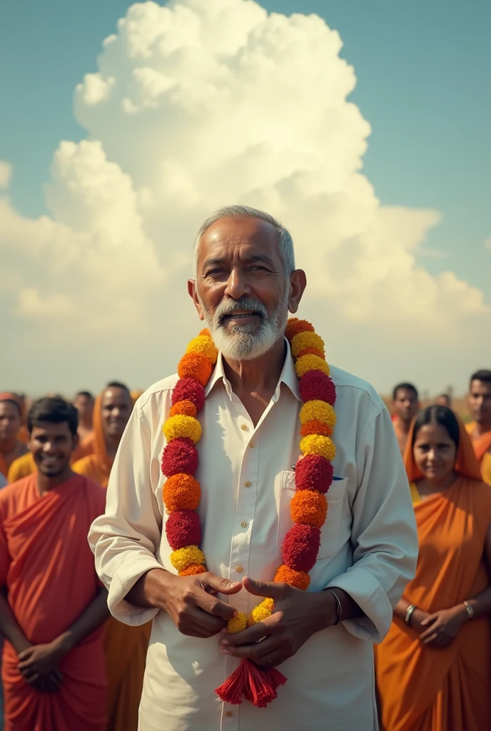 A Indian man giving free ambulance to people's wearing a white shirt and wearing a garland of red and yellow flowers standing in a field of people, with a dramatic sky in the background 
