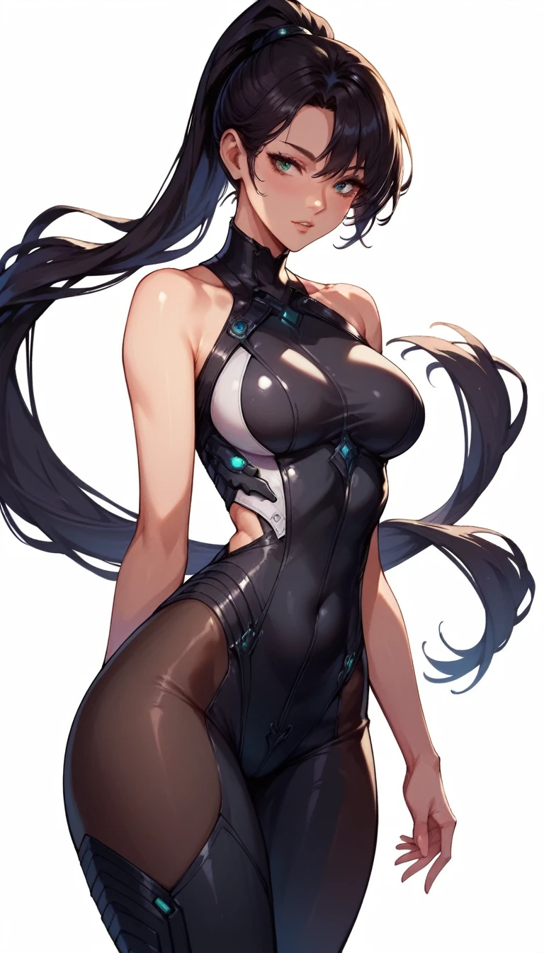 one anime girl, eve, black long ponytail, bodysuit, thick thighs, sexy pose white background