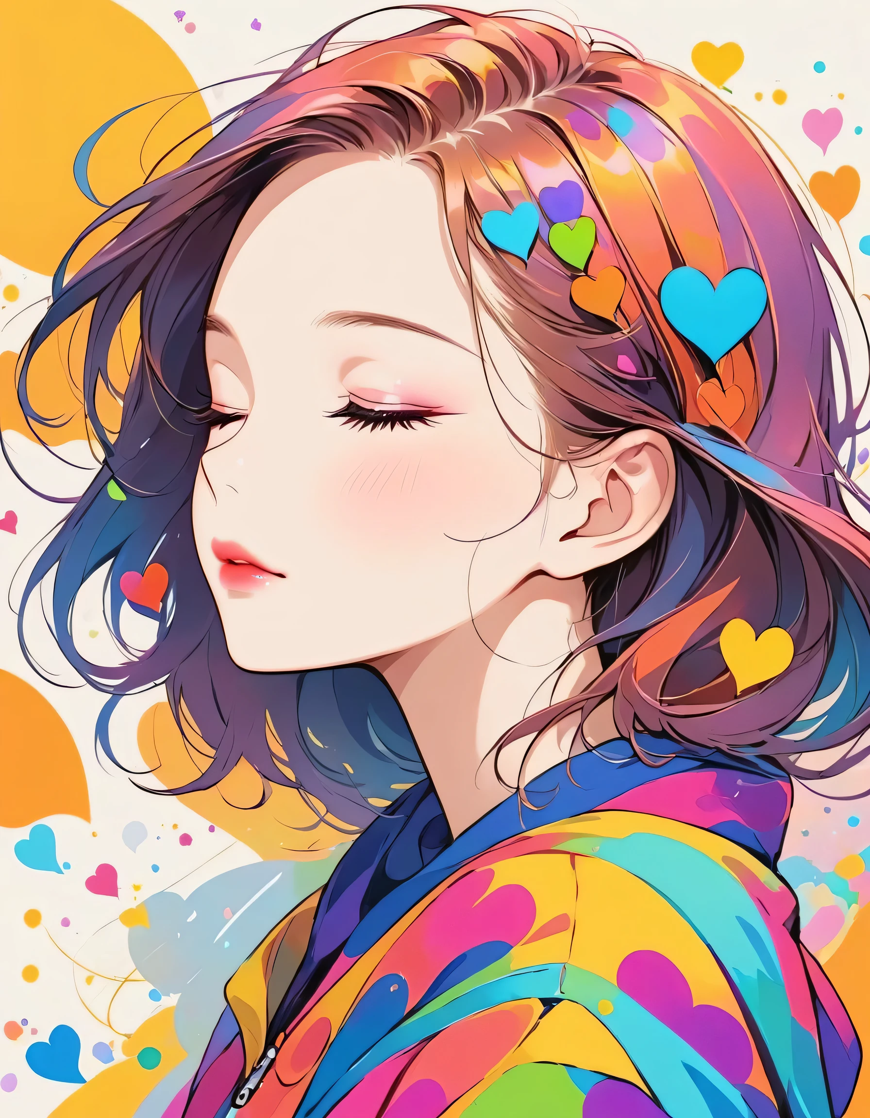 Micho colorful style, Simple Line Initialism，Abstract art，Urban Background, (((The most beautiful girl of all time))), Sweet face. Lips in love, colorful hearts, stylish design, sleeping face
