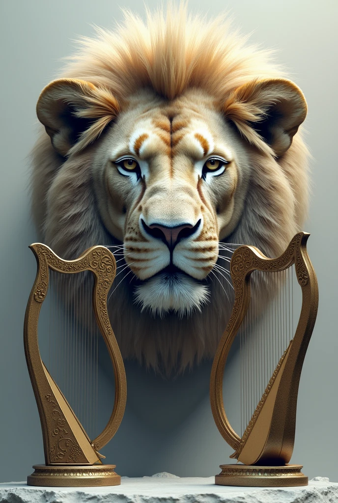 Image of a lion's face along with two very large and separate harps, but without any background behind