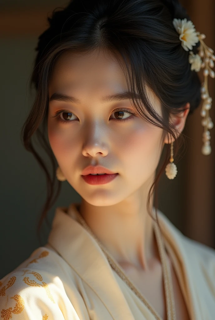 An elegantly dressed Japanese woman in natural light、A close-up of her chest and calm expression.、It shows her inner peace and outer charm.。
