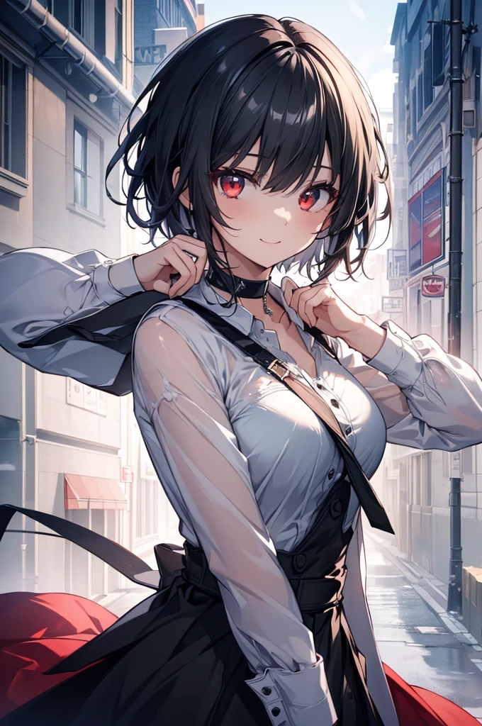 (masterpiece, highest quality, highest quality, (No text), Beautiful and aesthetic:1.2),No text,アニメ、BREAK,One Girl,Black Hair Girl short hair older sister choker Beautiful eyes Red eyes cool smile Black and Red whole body In town