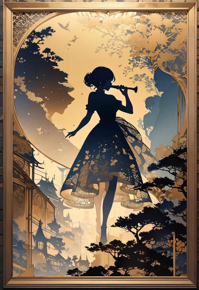 (masterpiece, best quality,ultra highres),An illustration of an european girl's silhouette with traditional french patterns and floral motifs, (double exposure silhouette: 1.2),creating a visually stunning composition on the canvas. The background is adorned with vintage-style elements like lacework details and checkered paper textures. This design adds intricate beauty to your creative projects in the style of traditional french art.
